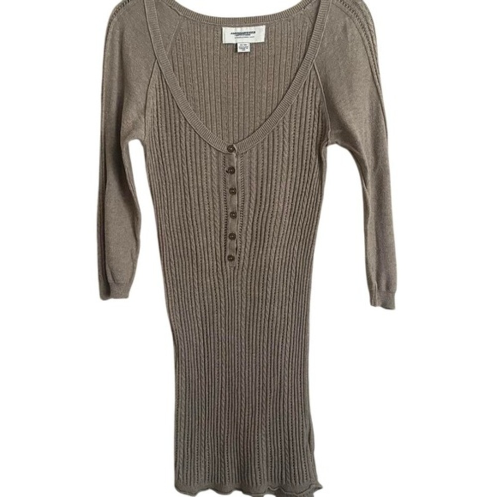 VTG Y2K American Eagle Cable Knit Long Henley Sweater Ribbed Preppy Brown M‎